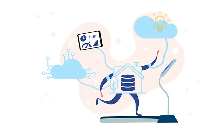 Data warehouse on a treadmill connected to a reporting device, and cloud networks.