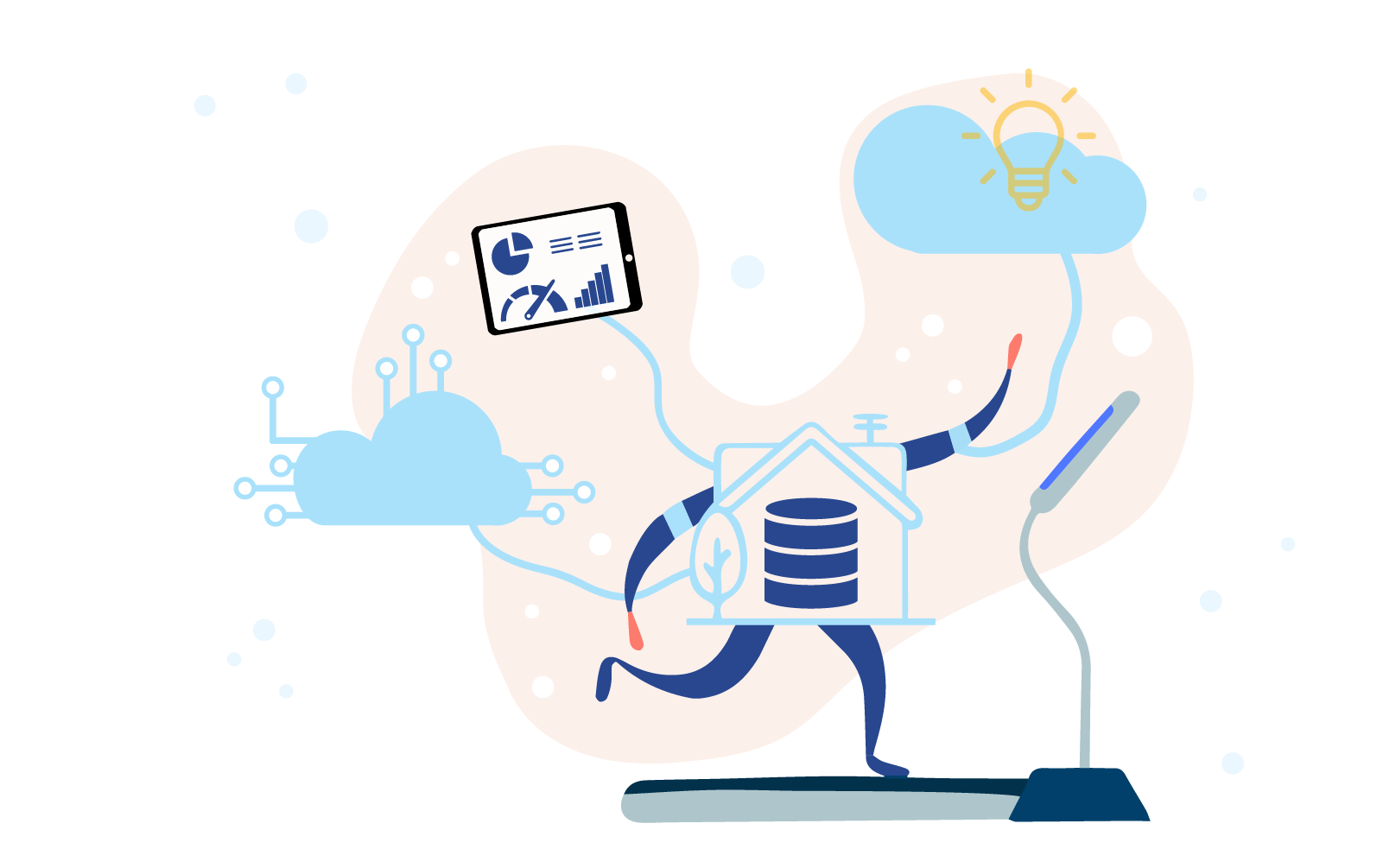 Data warehouse on a treadmill connected to a reporting device, and cloud networks.