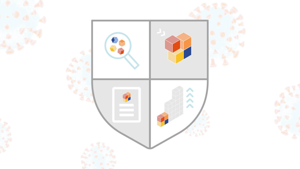 A story of data being discovered, implemented, reported, and forecast for improvement. All encompassed within a shield and covid 19 virus floating behind