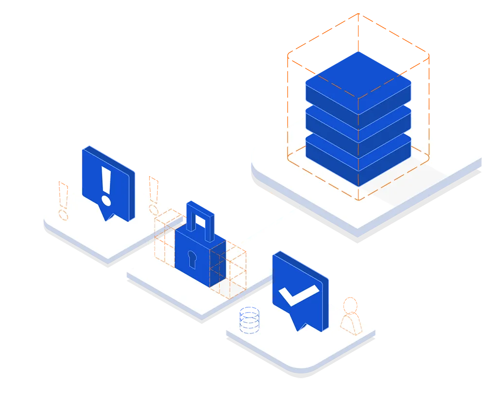 A data stack connected to alert, approval, and security icons